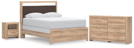 Kinlanni Queen Upholstered Panel Bed with Dresser and Nightstand in Tan from Ashley - Luna Furniture