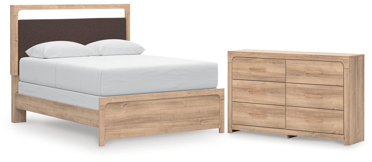 Kinlanni Queen Upholstered Panel Bed with Dresser in Tan from Ashley - Luna Furniture