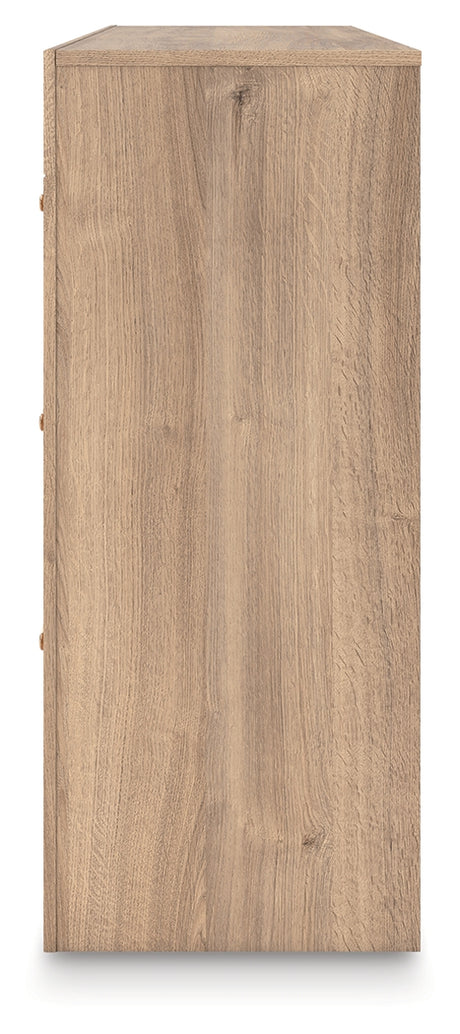 Kinlanni Queen Upholstered Panel Bed with Dresser in Tan from Ashley - Luna Furniture