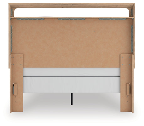 Kinlanni Queen Upholstered Panel Bed with Mirrored Dresser in Tan from Ashley - Luna Furniture