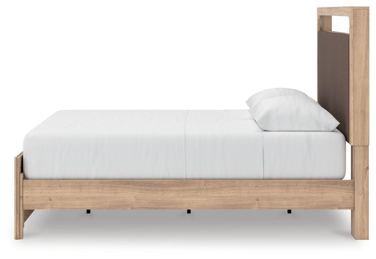 Kinlanni Queen Upholstered Platform Bed with Dresser and Chest in Tan from Ashley - Luna Furniture