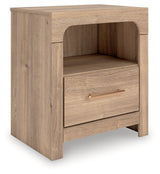 Kinlanni Queen Upholstered Platform Bed with Dresser and Nightstand in Tan from Ashley Furniture - Luna Furniture