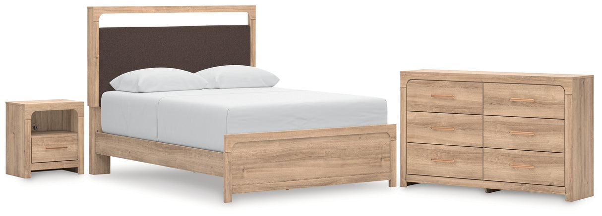 Kinlanni Queen Upholstered Platform Bed with Dresser and Nightstand in Tan from Ashley Furniture - Luna Furniture
