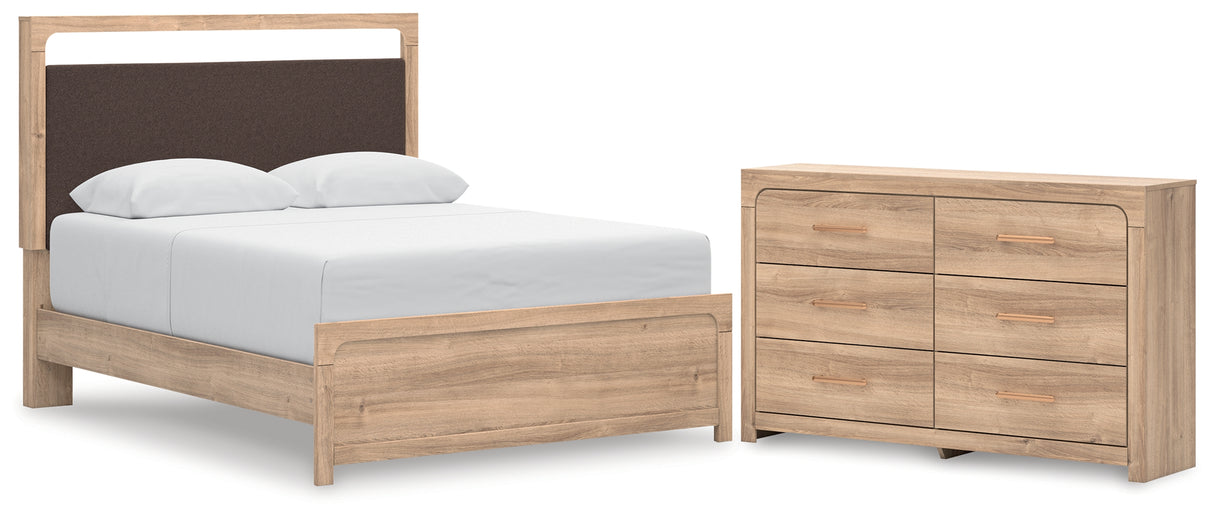 Kinlanni Queen Upholstered Platform Bed with Dresser in Tan from Ashley - Luna Furniture