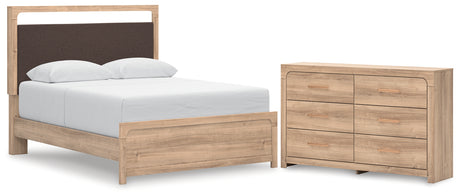 Kinlanni Queen Upholstered Platform Bed with Dresser in Tan from Ashley - Luna Furniture