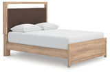 Kinlanni Queen Upholstered Platform Bed with Mirrored Dresser and Nightstand in Tan from Ashley - Luna Furniture