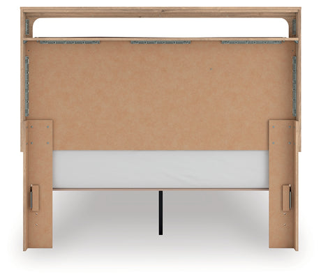 Kinlanni Queen Upholstered Platform Bed with Mirrored Dresser and Nightstand in Tan from Ashley - Luna Furniture