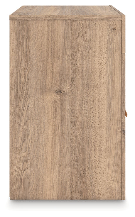 Kinlanni Queen Upholstered Platform Bed with Mirrored Dresser and Nightstand in Tan from Ashley - Luna Furniture