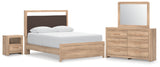 Kinlanni Queen Upholstered Platform Bed with Mirrored Dresser and Nightstand in Tan from Ashley - Luna Furniture