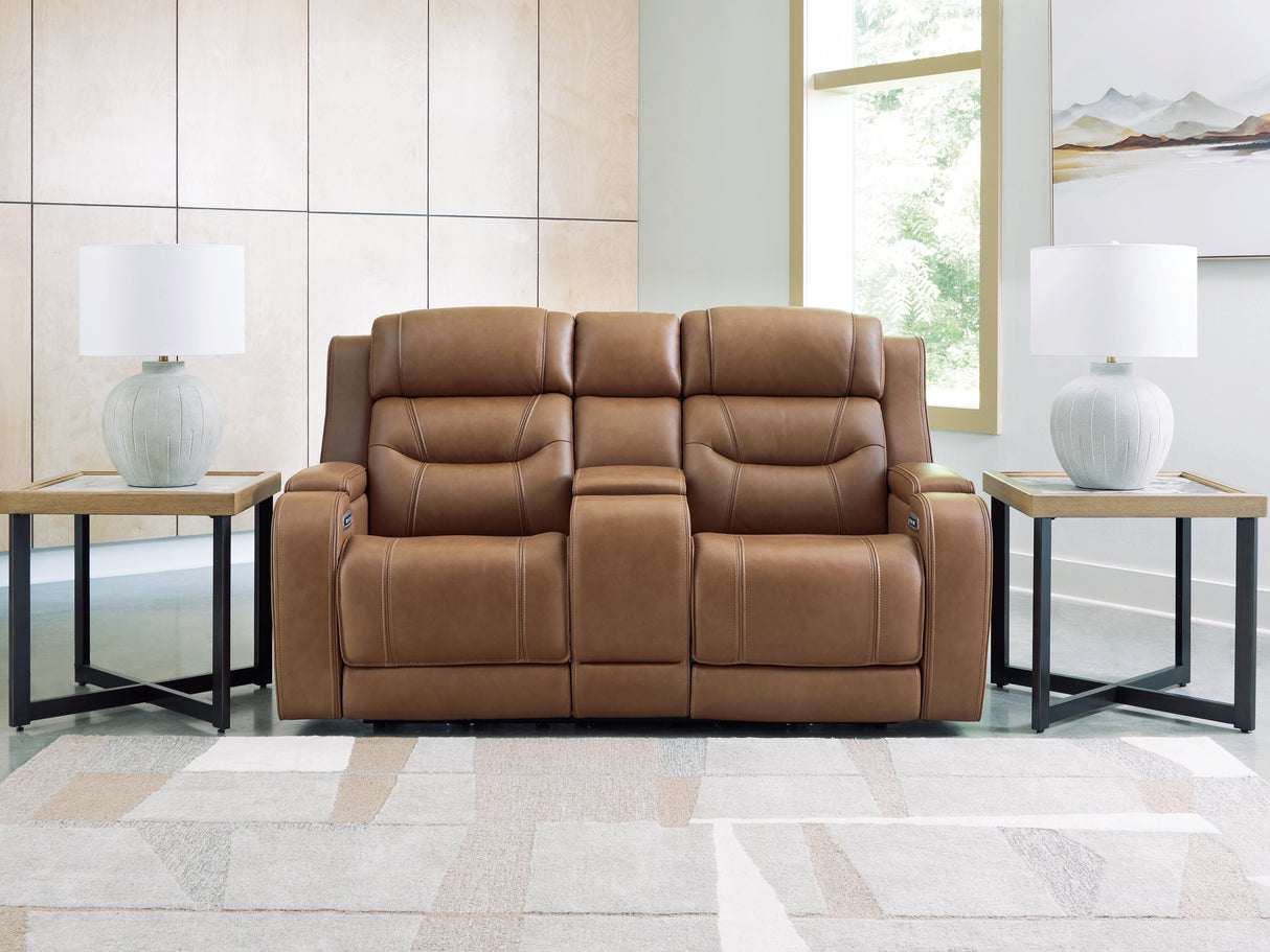 Knightington Caramel Power Reclining Loveseat with Audio Seating from Ashley - Luna Furniture