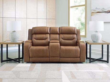 Knightington Caramel Power Reclining Loveseat with Audio Seating from Ashley - Luna Furniture