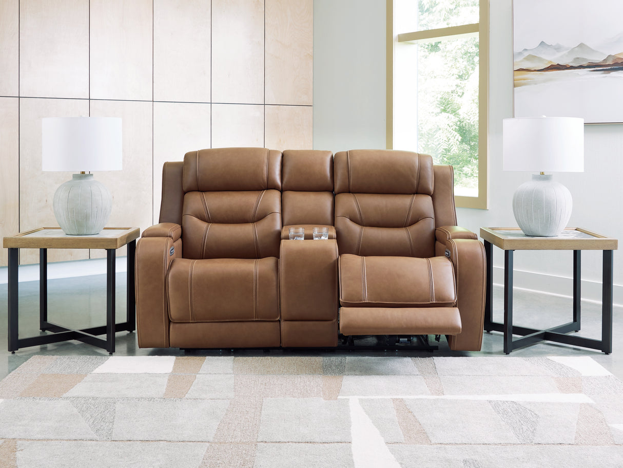 Knightington Caramel Power Reclining Loveseat with Audio Seating from Ashley - Luna Furniture
