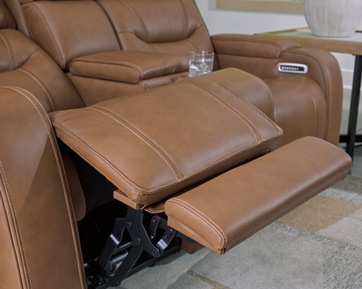 Knightington Caramel Power Reclining Loveseat with Audio Seating from Ashley - Luna Furniture