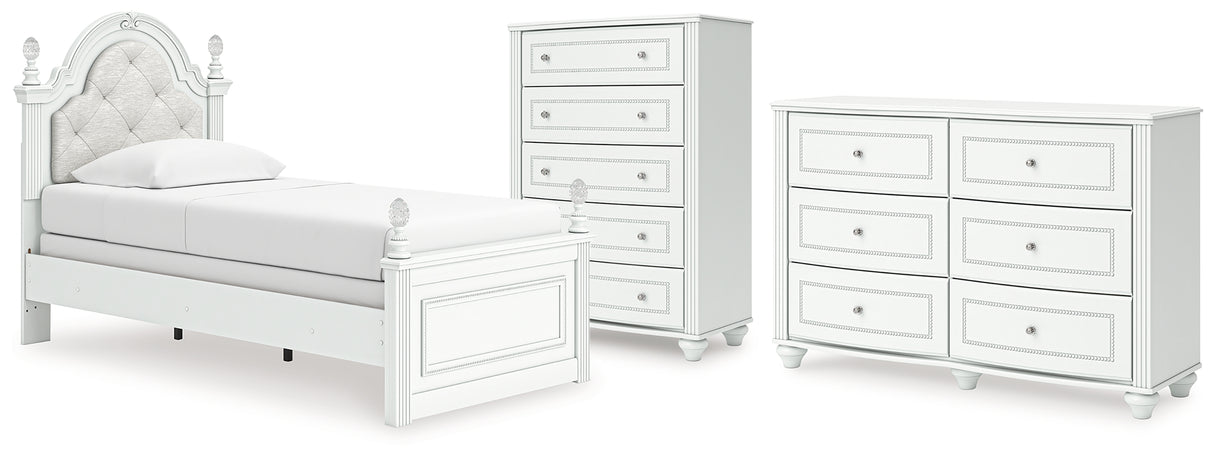 Kozlani Twin Upholstered Panel Bed with Dresser and Chest in White from Ashley - Luna Furniture