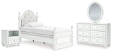 Kozlani Twin Upholstered Panel Bed with Mirrored Dresser and Nightstand in White from Ashley - Luna Furniture