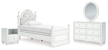 Kozlani Twin Upholstered Panel Bed with Mirrored Dresser and Nightstand in White from Ashley - Luna Furniture
