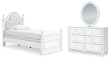 Kozlani Twin Upholstered Panel Bed with Mirrored Dresser in White from Ashley - Luna Furniture