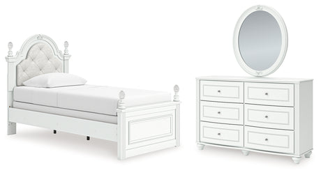 Kozlani Twin Upholstered Panel Bed with Mirrored Dresser in White from Ashley - Luna Furniture