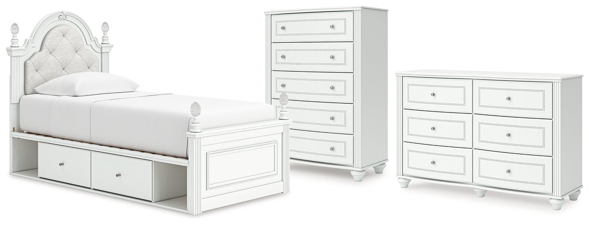 Kozlani Twin Upholstered Panel Storage Bed with Dresser and Chest in White from Ashley - Luna Furniture