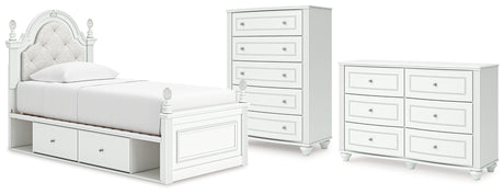 Kozlani Twin Upholstered Panel Storage Bed with Dresser and Chest in White from Ashley - Luna Furniture