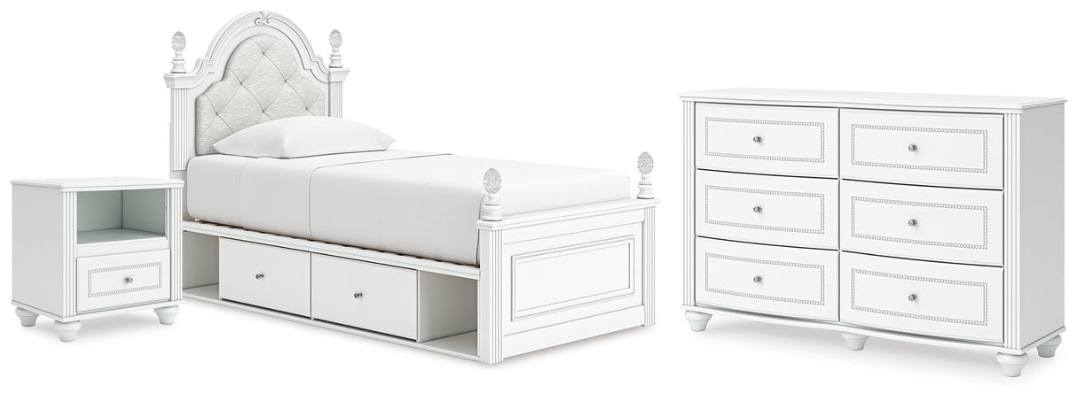 Kozlani Twin Upholstered Panel Storage Bed with Dresser and Nightstand in White from Ashley - Luna Furniture