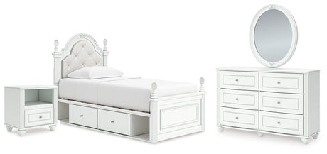 Kozlani Twin Upholstered Panel Storage Bed with Mirrored Dresser and Nightstand in White from Ashley - Luna Furniture
