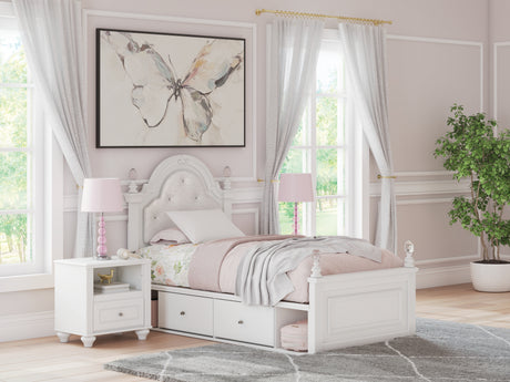 Kozlani Twin Upholstered Panel Storage Bed with Mirrored Dresser and Nightstand in White from Ashley - Luna Furniture