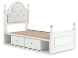Kozlani Twin Upholstered Panel Storage Bed with Mirrored Dresser and Nightstand in White from Ashley - Luna Furniture