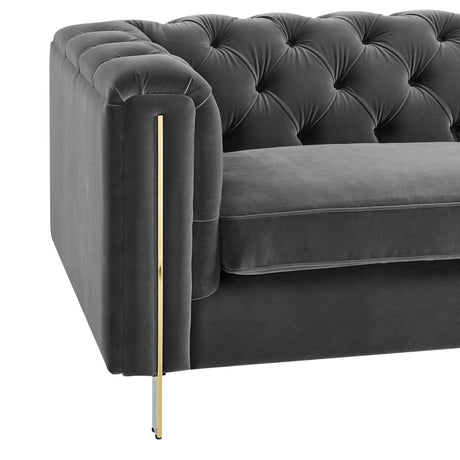 Charlene Gray Velvet Button Tufted Rolled Arm Chesterfield Loveseat from Steve Silver - Luna Furniture
