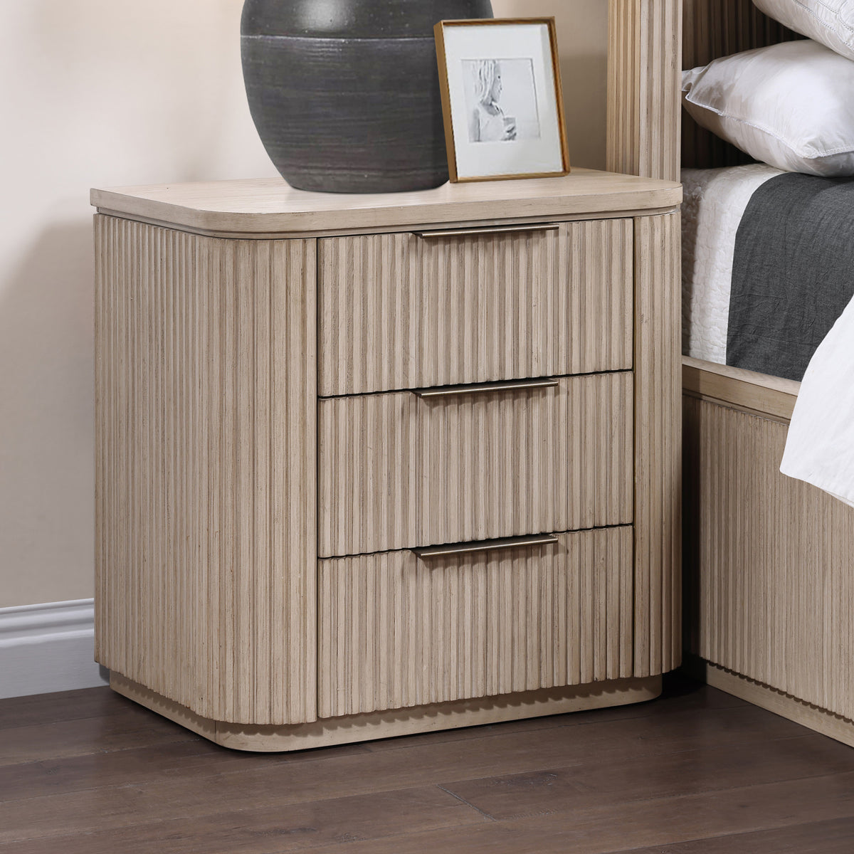 Henry Reeded 3-Drawer Nightstand with USB & Electric Outlets, Tan Finish from Steve Silver - Luna Furniture