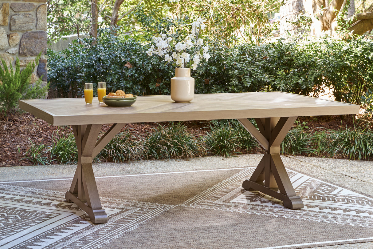 Laguna Heights Outdoor Dining Table and 4 Chairs and Bench in Beige from Ashley Furniture - Luna Furniture