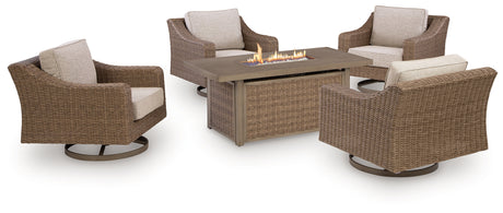 Laguna Heights Outdoor Fire Pit Table and 4 Chairs in Beige from Ashley - Luna Furniture