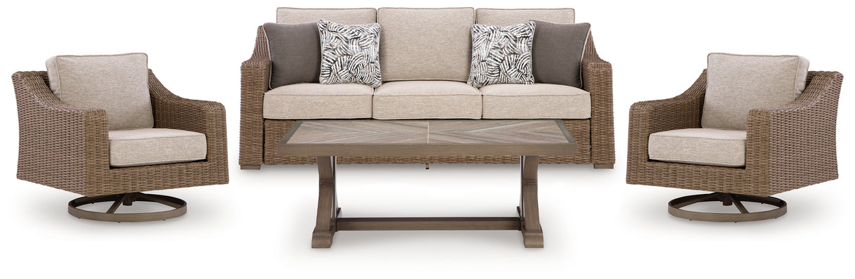 Laguna Heights Outdoor Sofa and 2 Chairs with Coffee Table in Beige from Ashley Furniture - Luna Furniture