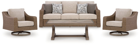 Laguna Heights Outdoor Sofa and 2 Chairs with Coffee Table in Beige from Ashley - Luna Furniture