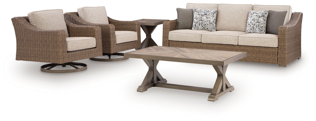 Laguna Heights Outdoor Sofa and 2 Lounge Chairs with Coffee Table and End Table in Beige from Ashley - Luna Furniture