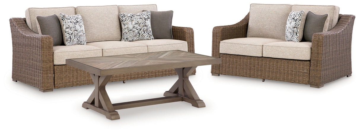 Laguna Heights Outdoor Sofa and Loveseat with Coffee Table in Beige from Ashley Furniture - Luna Furniture