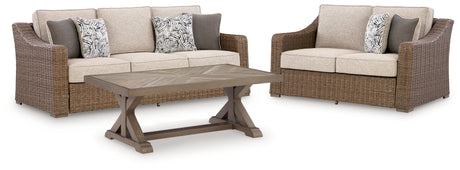 Laguna Heights Outdoor Sofa and Loveseat with Coffee Table in Beige from Ashley - Luna Furniture