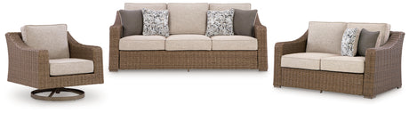 Laguna Heights Outdoor Sofa and Loveseat with Lounge Chair in Beige from Ashley - Luna Furniture