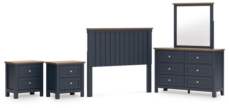 Landocken Full Panel Headboard with Mirrored Dresser and 2 Nightstands in Brown/Blue from Ashley - Luna Furniture