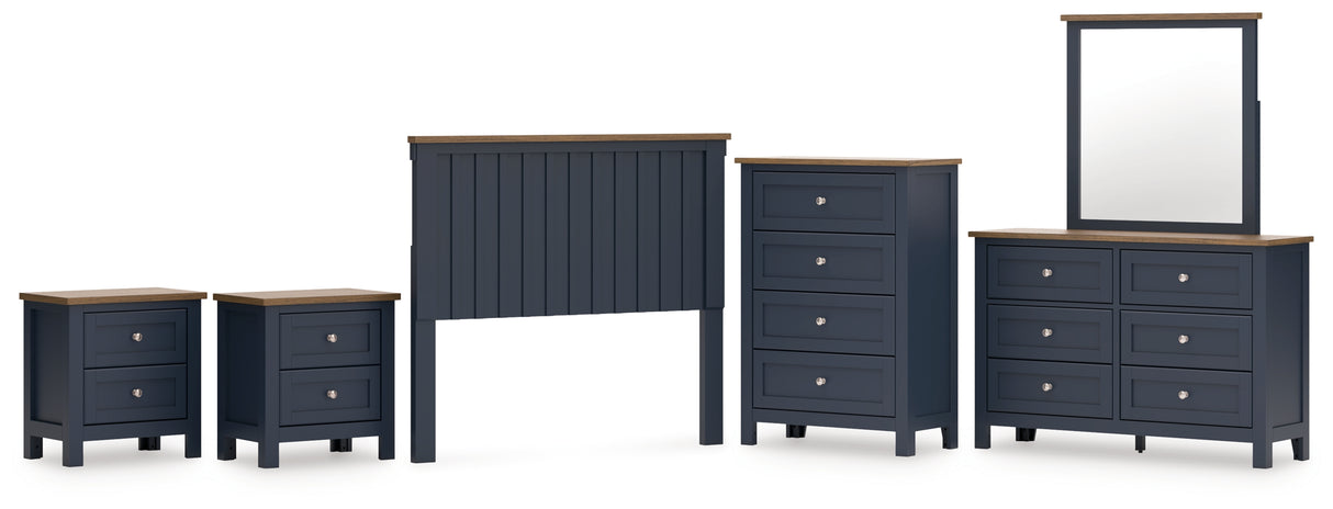 Landocken Full Panel Headboard with Mirrored Dresser, Chest and 2 Nightstands in Brown/Blue from Ashley - Luna Furniture