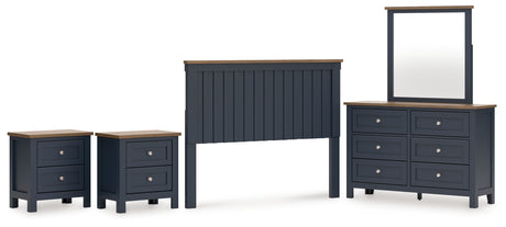 Landocken Queen Panel Headboard with Mirrored Dresser and 2 Nightstands in Brown/Blue from Ashley - Luna Furniture