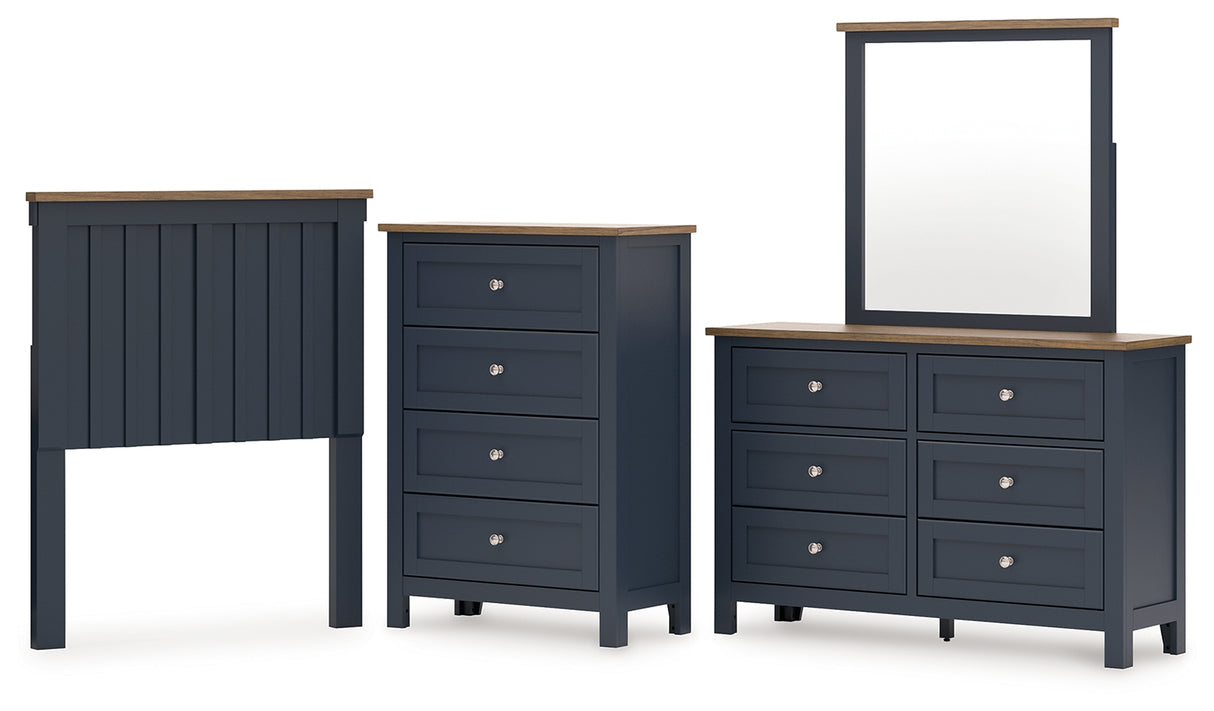 Landocken Twin Panel Headboard with Mirrored Dresser and Chest in Brown/Blue from Ashley - Luna Furniture