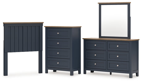 Landocken Twin Panel Headboard with Mirrored Dresser and Chest in Brown/Blue from Ashley - Luna Furniture