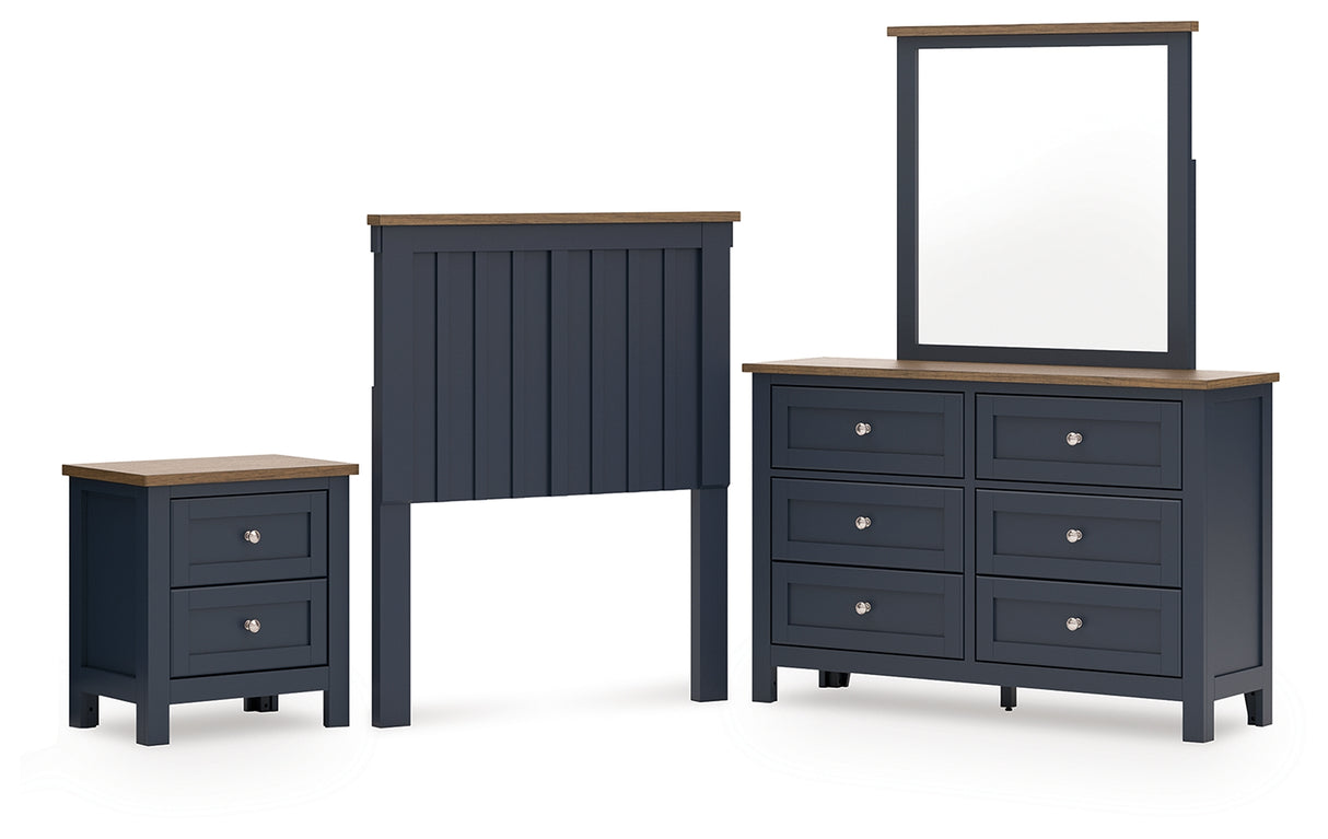 Landocken Twin Panel Headboard with Mirrored Dresser and Nightstand in Brown/Blue from Ashley - Luna Furniture