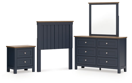 Landocken Twin Panel Headboard with Mirrored Dresser and Nightstand in Brown/Blue from Ashley - Luna Furniture