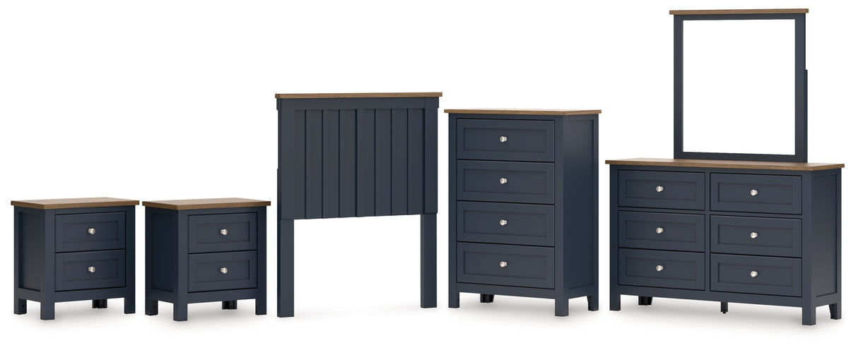 Landocken Twin Panel Headboard with Mirrored Dresser, Chest and 2 Nightstands in Brown/Blue from Ashley - Luna Furniture