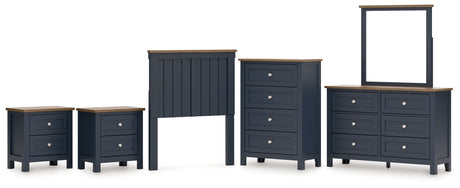 Landocken Twin Panel Headboard with Mirrored Dresser, Chest and 2 Nightstands in Brown/Blue from Ashley - Luna Furniture