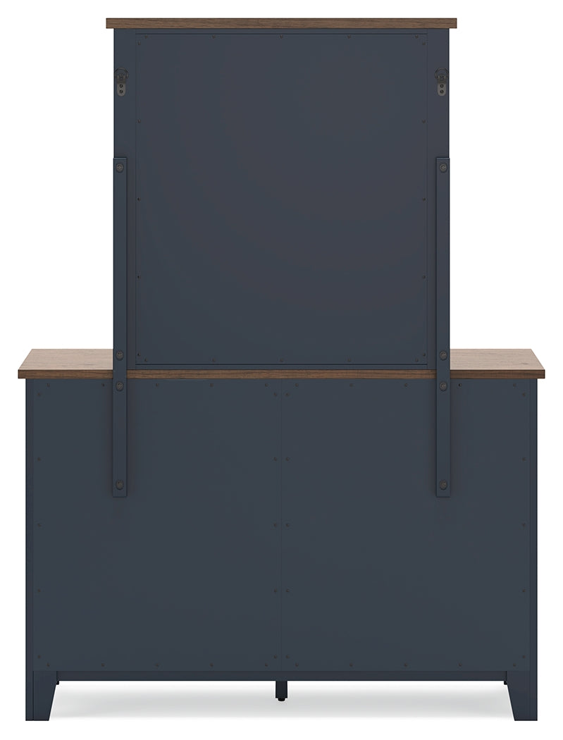 Landocken Twin Panel Headboard with Mirrored Dresser, Chest and 2 Nightstands in Brown/Blue from Ashley - Luna Furniture