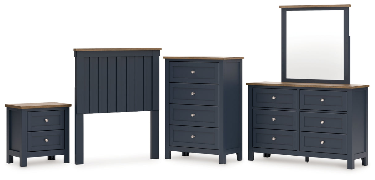 Landocken Twin Panel Headboard with Mirrored Dresser, Chest and Nightstand in Brown/Blue from Ashley - Luna Furniture