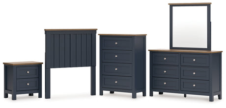 Landocken Twin Panel Headboard with Mirrored Dresser, Chest and Nightstand in Brown/Blue from Ashley - Luna Furniture